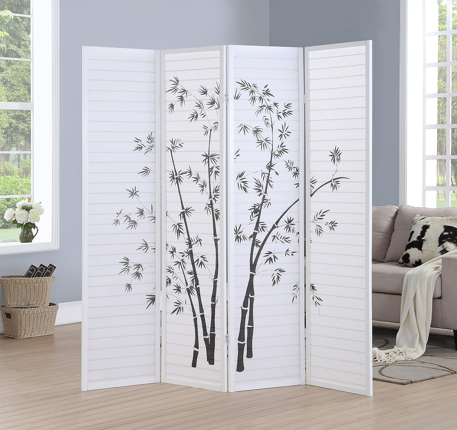 Room Divider Bamboo - 4 Panelli Bambu Baskılı Beyaz Çerçeveli