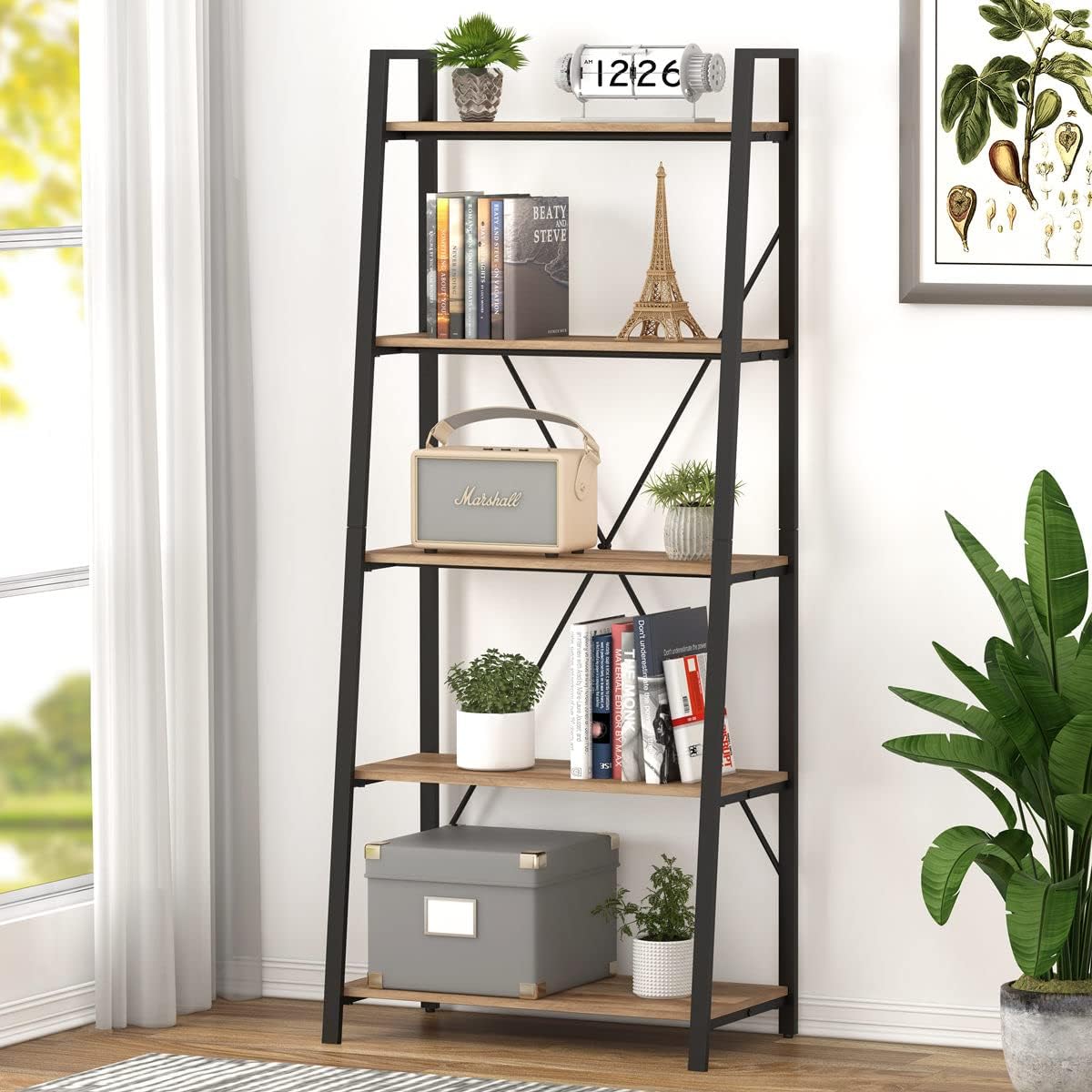 Bookshelf 5 Tier - Vintage Meşe 5 Katmanlı Endüstriyel Merdiven